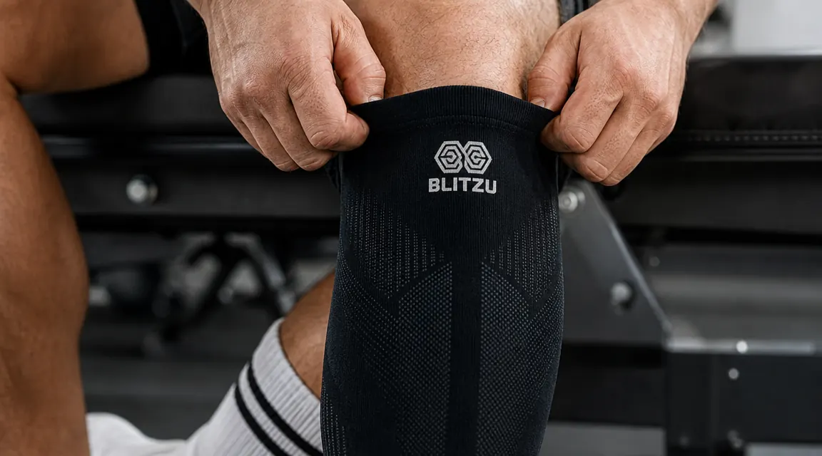 Close-up of hands rolling on a BLITZU calf compression sleeve before a run