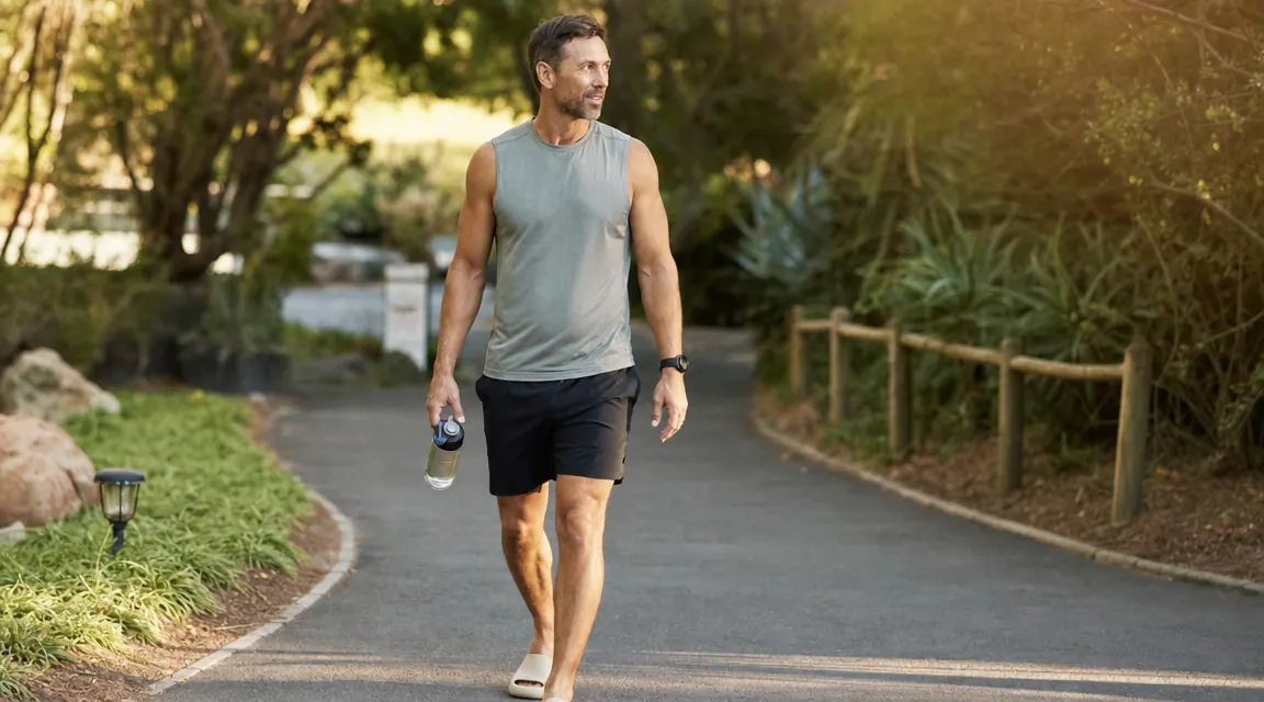 Runner walking on a trail path wearing recovery sandals after a long run