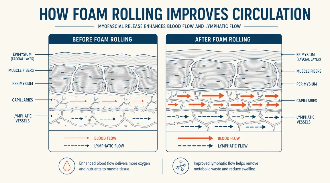Diagram showing blood flow and lymphatic drainage pathways in a muscle after foam rolling