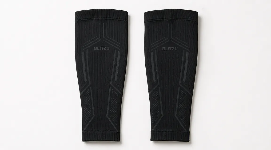 Close-up overhead view of two BLITZU calf compression sleeves laid flat on a white surface showing size and label details