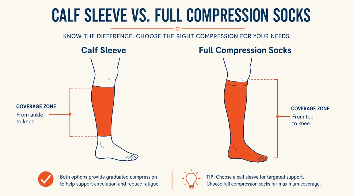 Side-by-side diagram showing coverage zones of a calf sleeve versus full compression socks on a leg outline