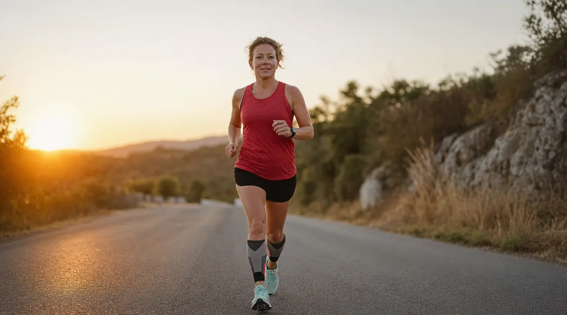 Runner on a paved road in early morning, compression sleeves on both calves, relaxed stride