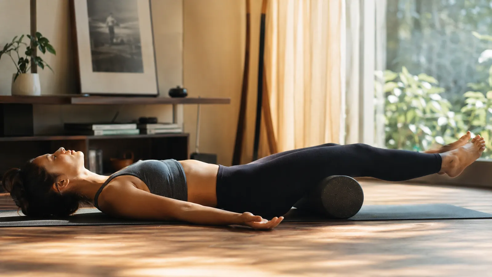 Person foam rolling both hamstrings on a yoga mat at home, eyes closed, relaxed expression