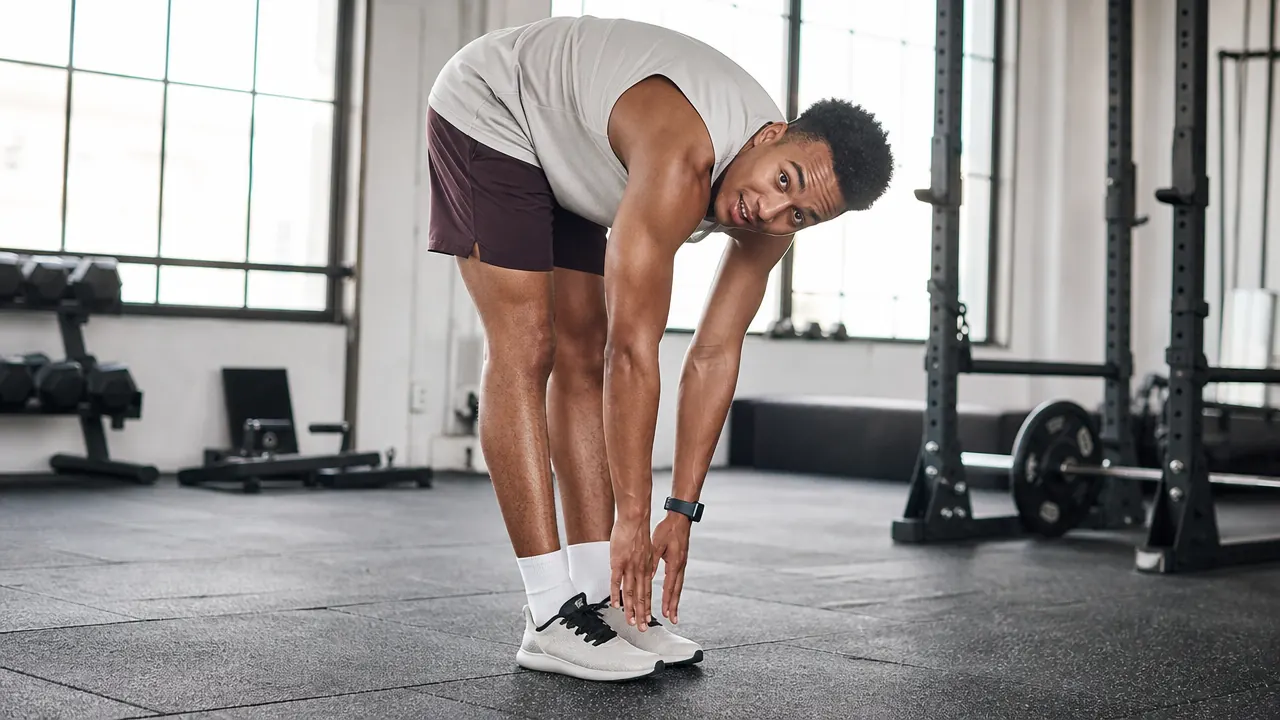 Person standing and easily touching their toes after a foam rolling session, smiling