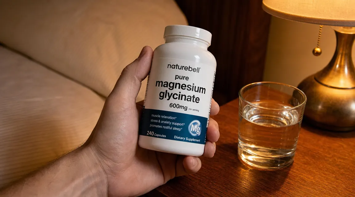 Hand holding a white bottle of Naturebell Magnesium Glycinate capsules on a wooden nightstand next to a glass of water