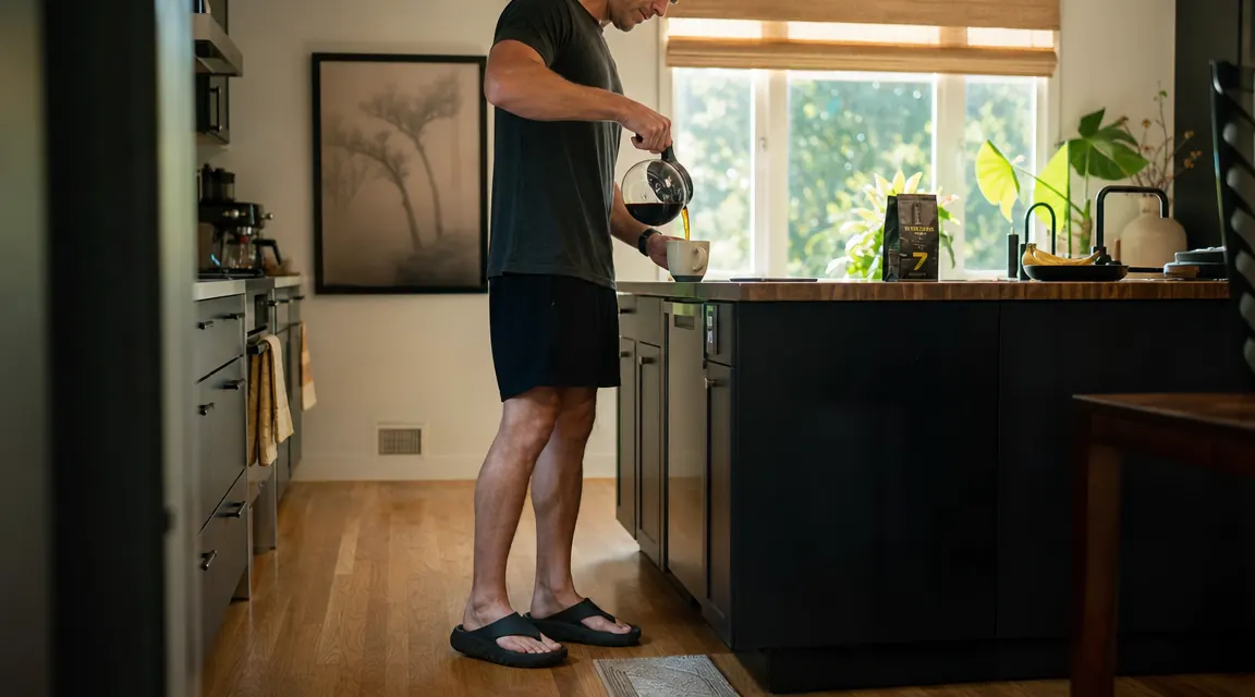 Person in recovery sandals standing in a kitchen pouring morning coffee, casual clothes, the sandals clearly visible against hardwood floor