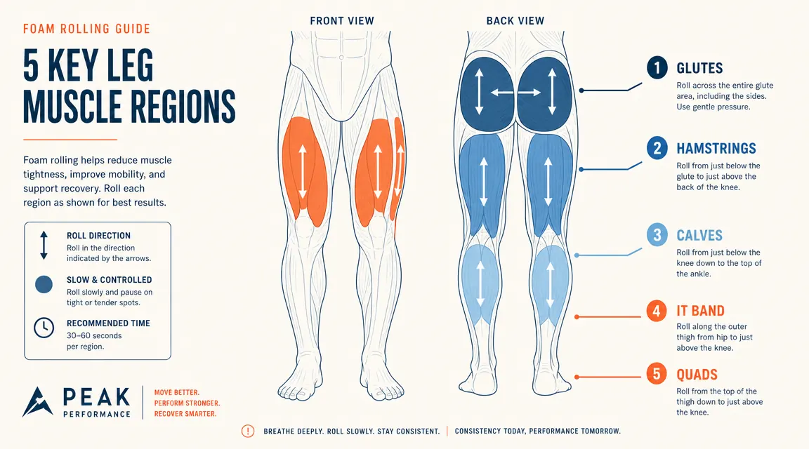 Diagram showing the five major leg muscle groups to foam roll after training ,  quads, hamstrings, calves, glutes, IT band