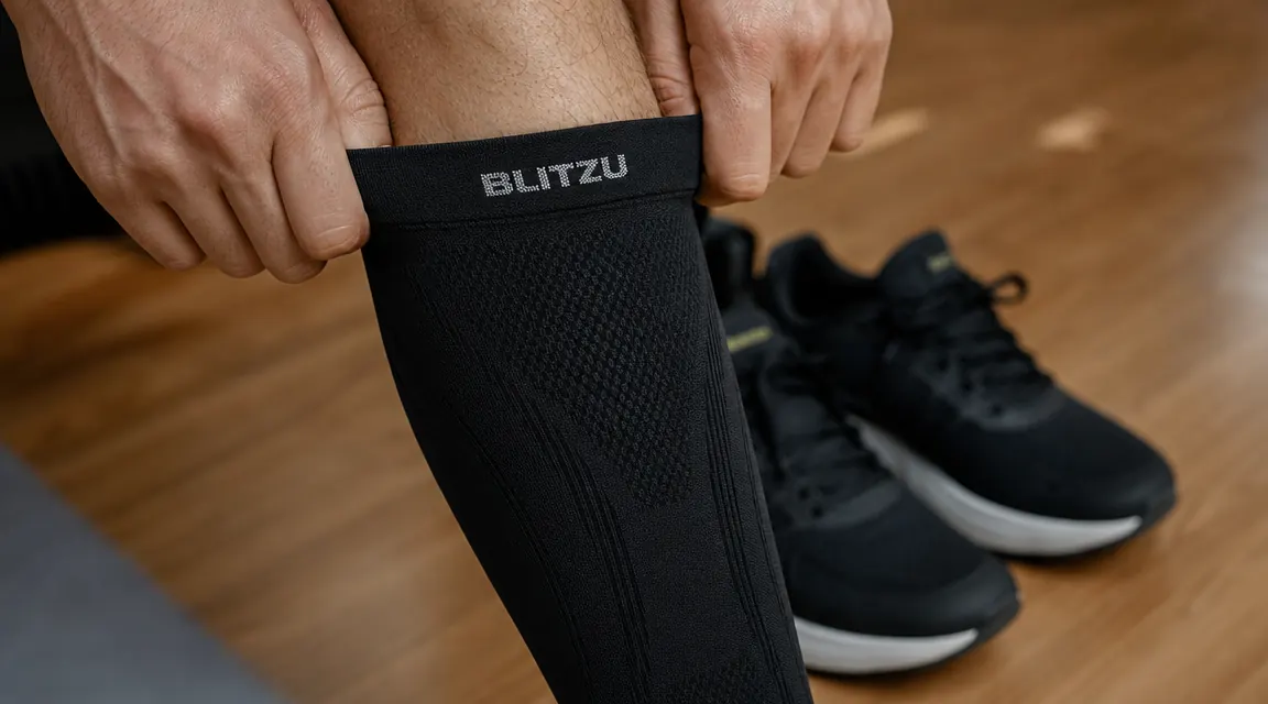 Pair of black BLITZU calf compression sleeves being pulled on after a run