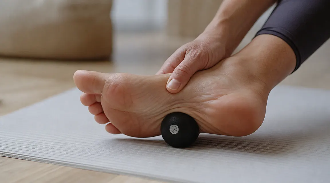 Runner's hand doing a lacrosse ball massage along the arch of a bare foot on a yoga mat