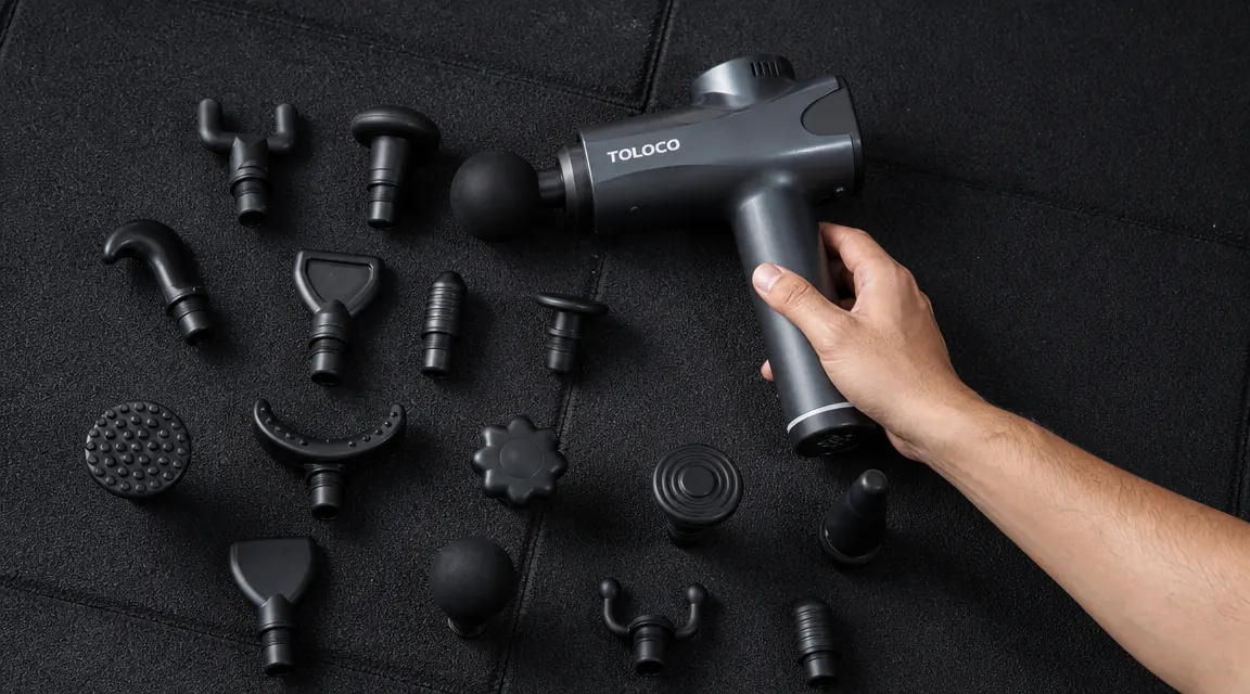 Close-up of TOLOCO massage gun head attachments arranged on a gym mat, labeled by shape