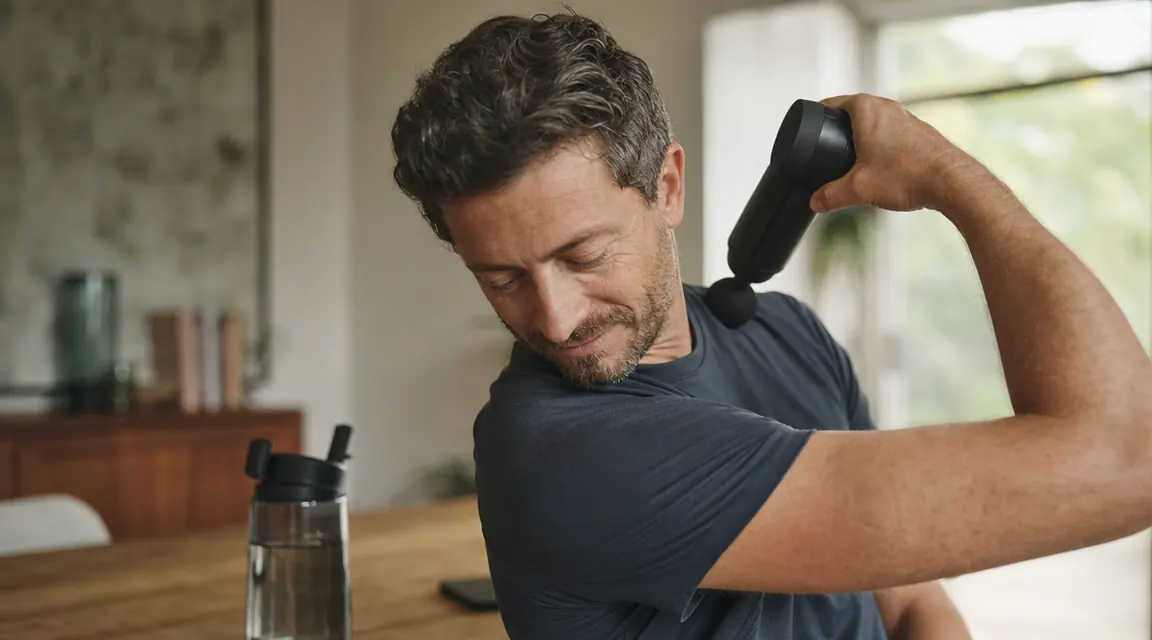 Person applying massage gun to their upper trapezius muscle, arm relaxed, seated at a table