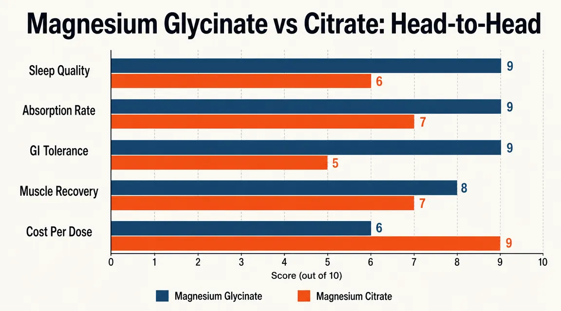 Chart comparing magnesium glycinate vs citrate across five categories: sleep quality, absorption, GI tolerance, muscle recovery, price