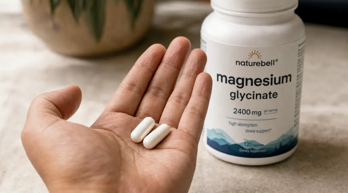 Hand holding two Naturebell Magnesium Glycinate capsules against a dark background with the bottle visible nearby