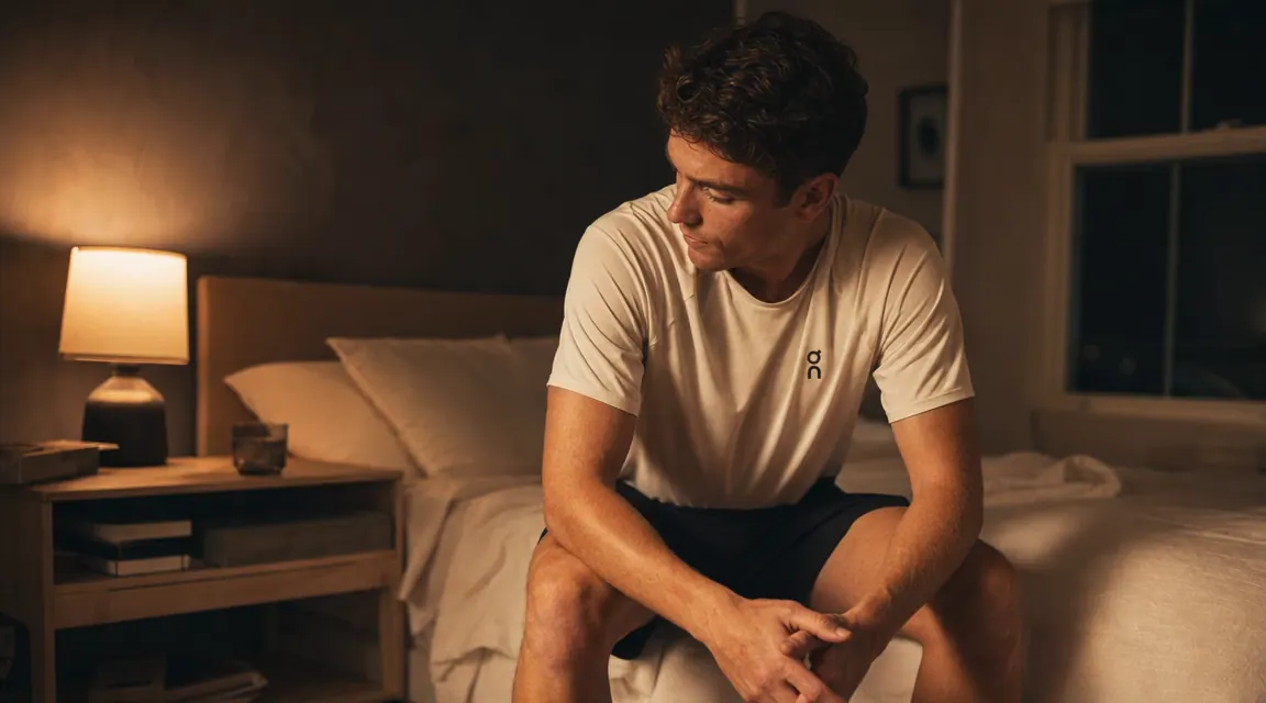 Person in athletic clothes sitting on the edge of a bed at night, appearing relaxed and winding down after a training day