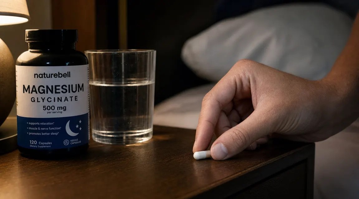 Hand holding a white capsule of Naturebell Magnesium Glycinate next to a glass of water on a nightstand