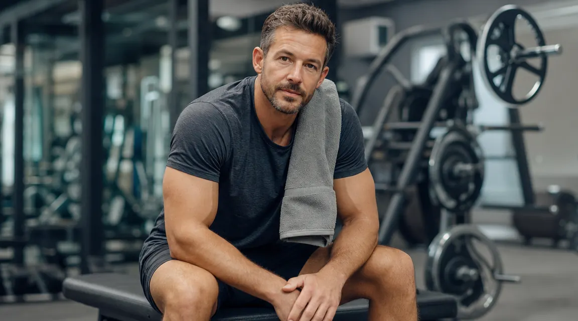 Athlete sitting on a gym bench post-workout, relaxed and showing no visible signs of extreme fatigue