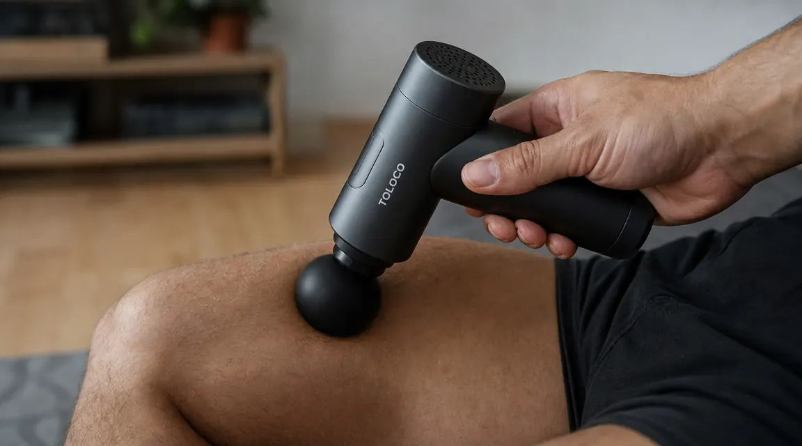 Hand holding a TOLOCO massage gun against a quad muscle, relaxed post-workout setting
