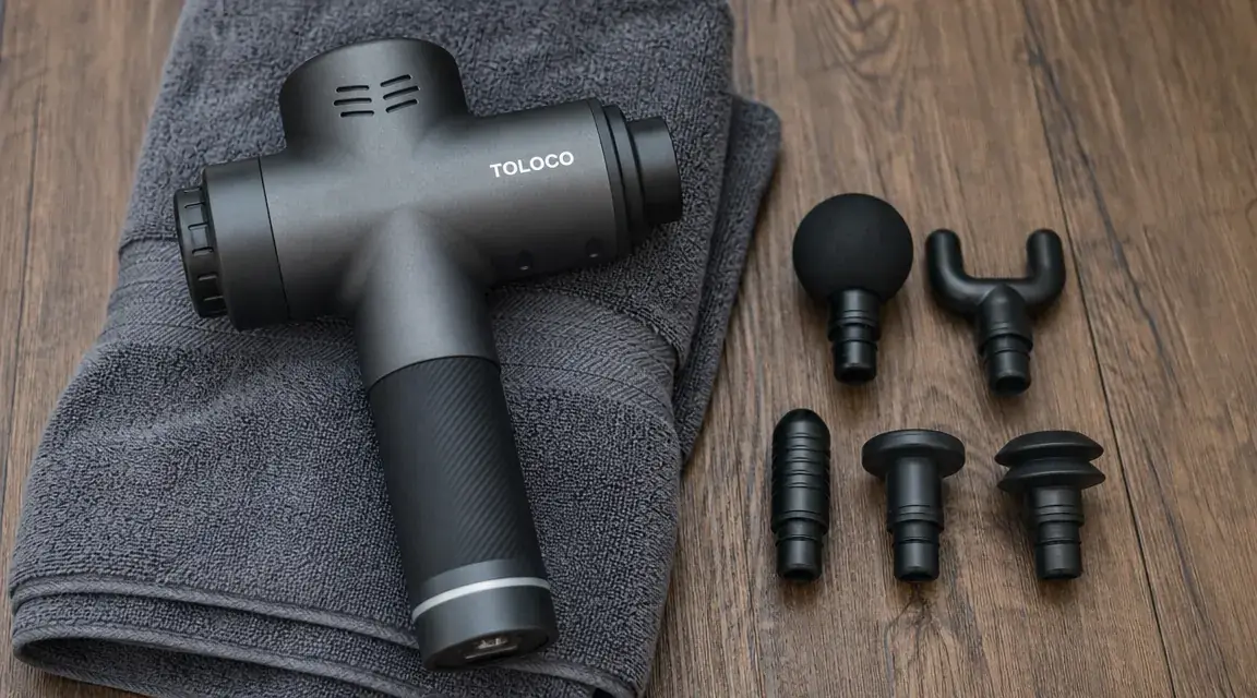 TOLOCO massage gun with multiple attachment heads laid out on a gym mat