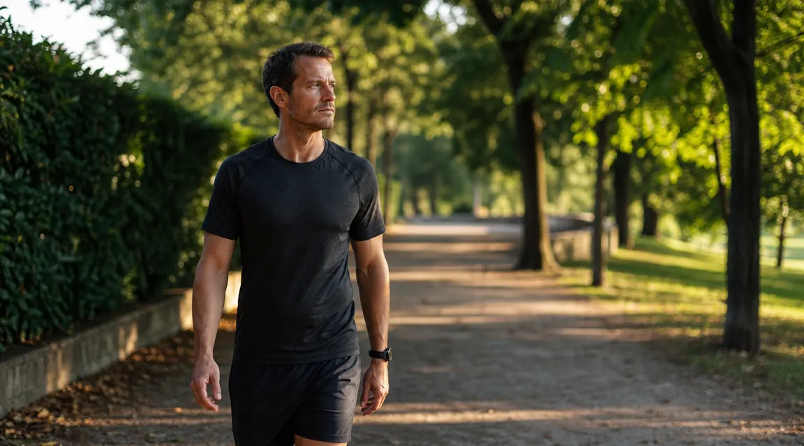 Person walking outdoors on a trail the morning after a hard workout, looking relaxed and moving freely