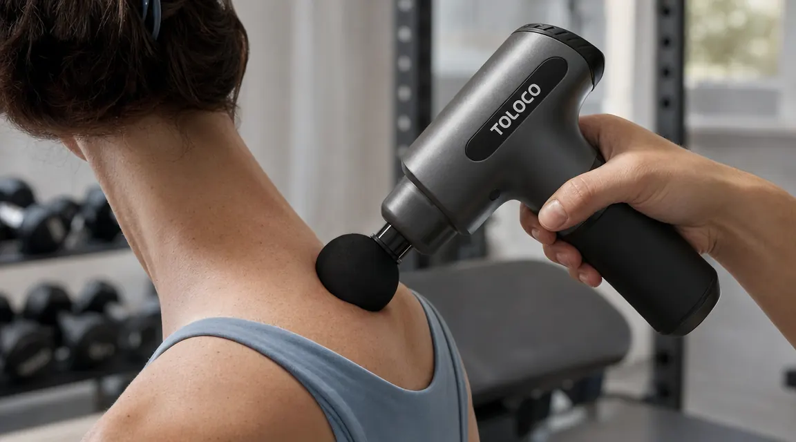 Person pressing the large round head attachment of the TOLOCO massage gun into their upper trapezius