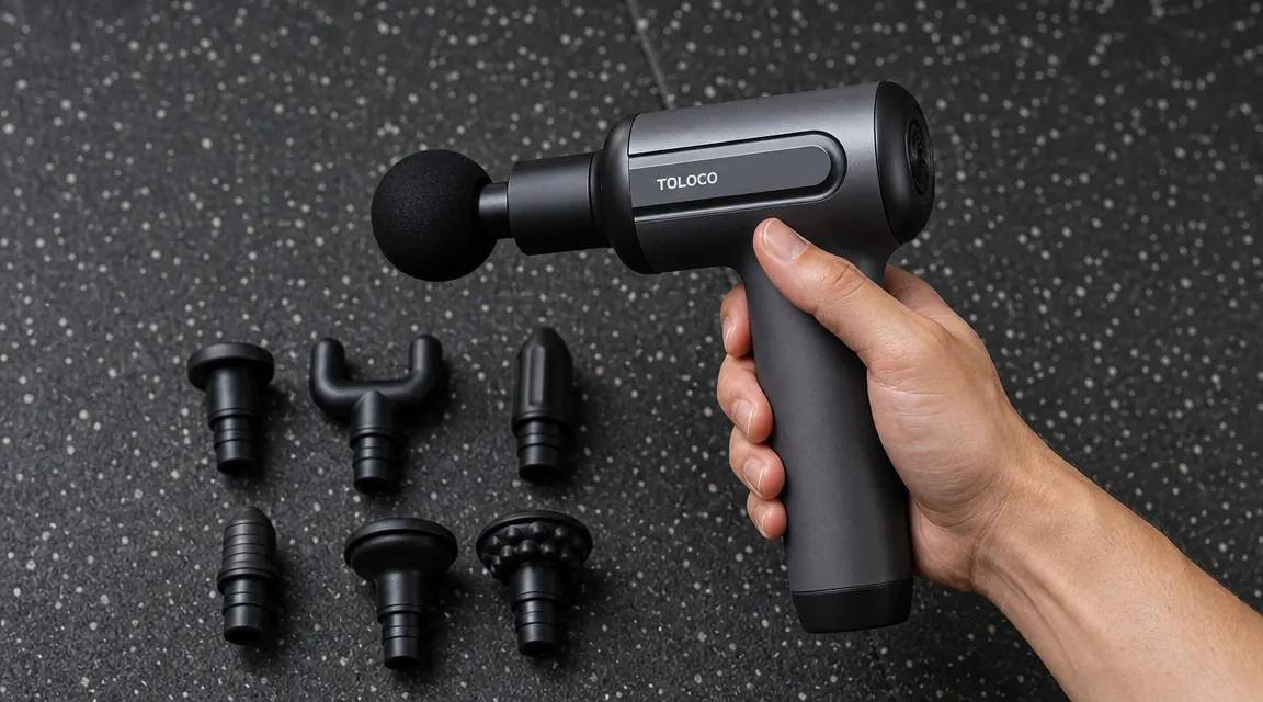 Close-up of the TOLOCO massage gun with multiple attachment heads laid out on a gym mat
