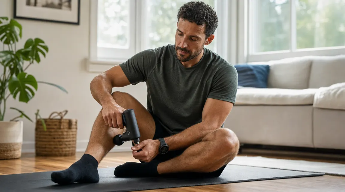 Person sitting on a yoga mat using a massage gun on their calf after a run, looking relaxed and comfortable