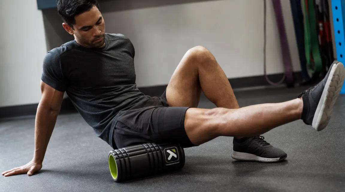 Person sitting on the floor pressing body weight into a foam roller positioned under their hamstring