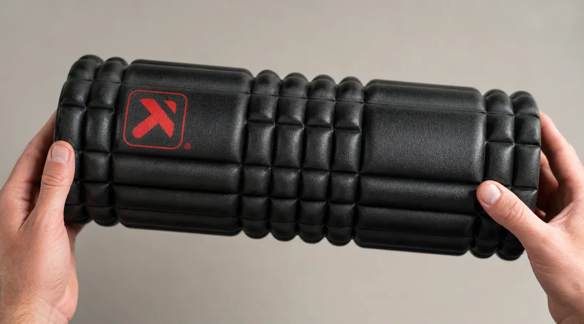 Close-up of the TriggerPoint GRID foam roller's multi-density surface texture with hands gripping each side